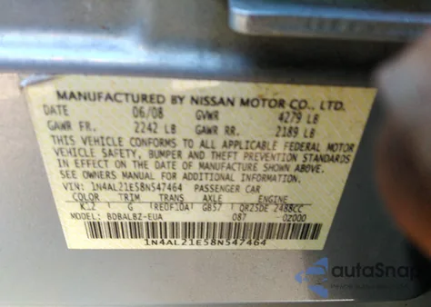 2008 Nissan Altima 2.5 S из США, поврежденный, VIN 1N4AL21E58N547464